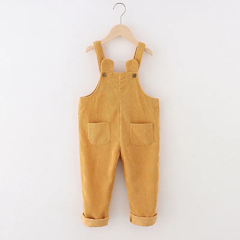 Toddler Girl Ear Design Pocket Button Design Corduroy Overalls Yellow