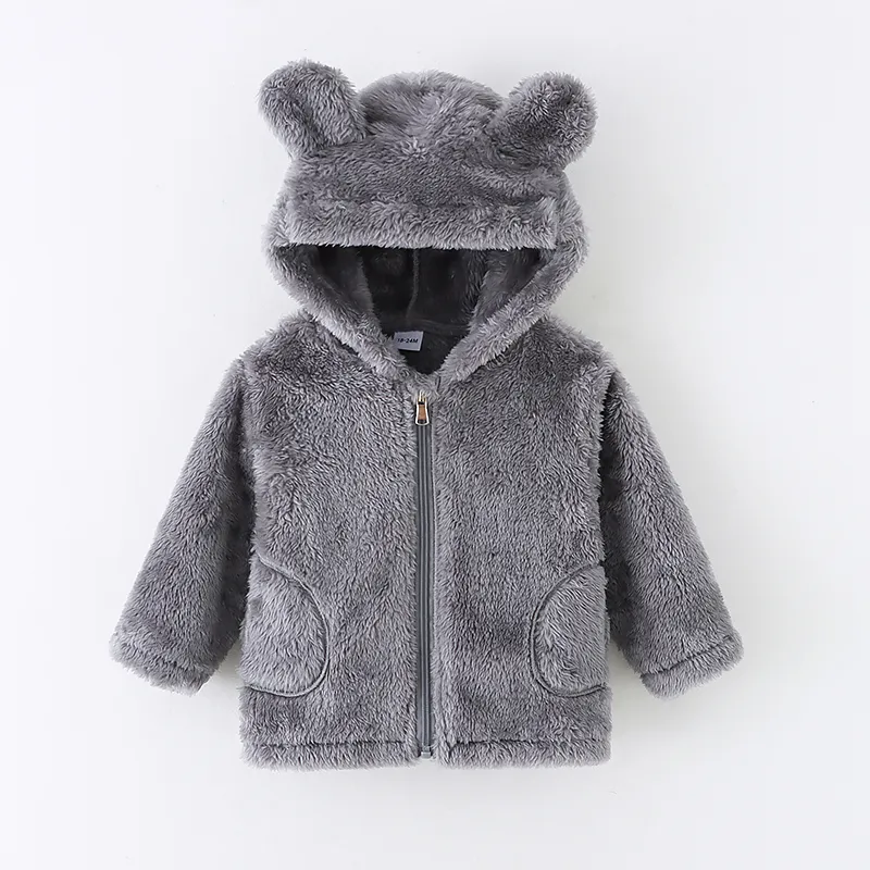 Toddler Girl/Boy Ear Design Zipper Fuzzy Jacket Coat Grey