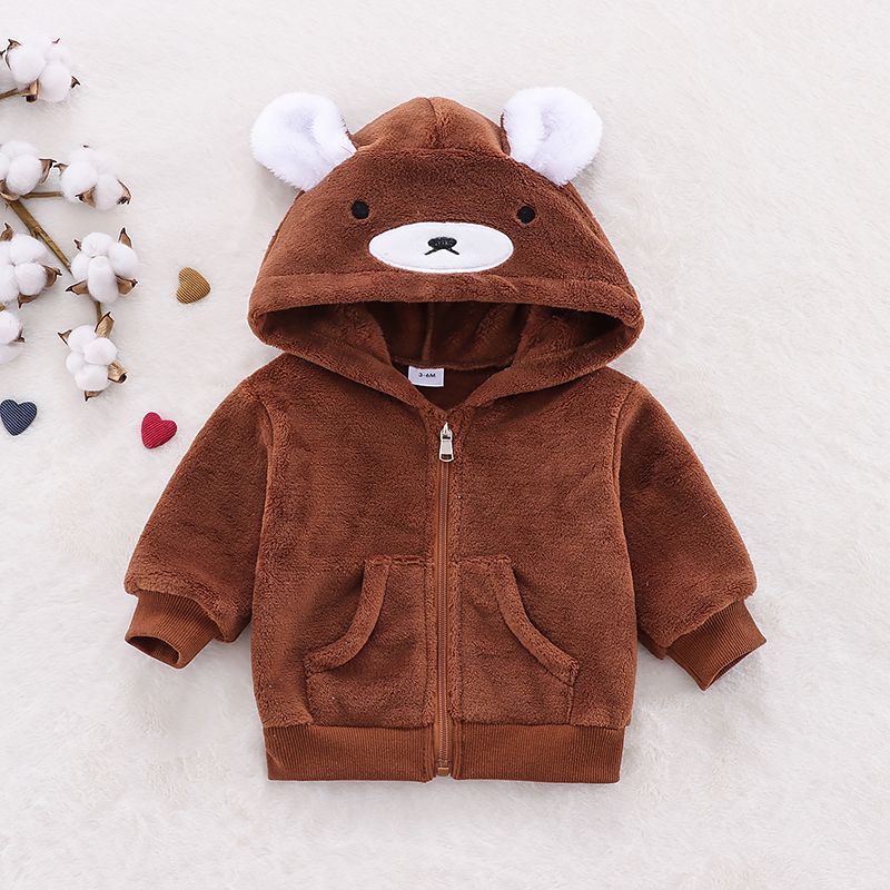 

Cartoon Bear 3D Ears Solid Long-sleeve Hooded Baby Fleece Coat Jacket