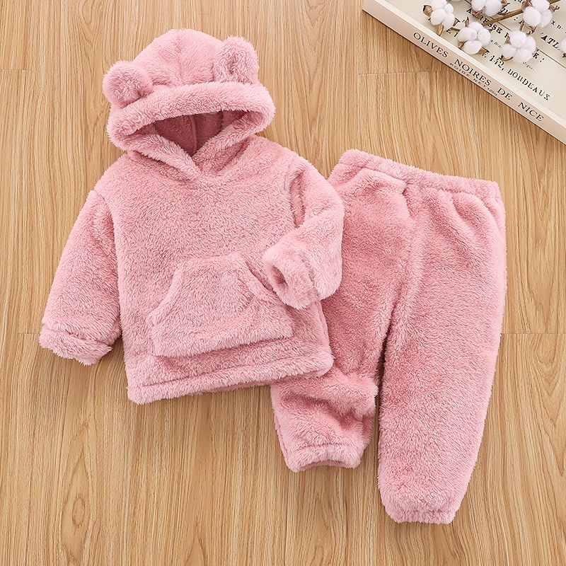 

2pcs Baby Solid Thickened Fleece 3D Ears Long-sleeve Hoodie and Pants Set