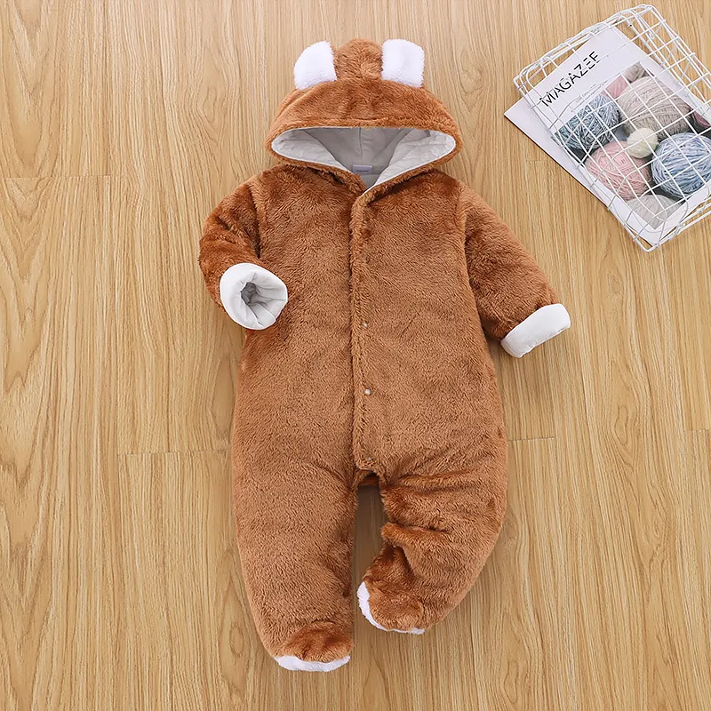Solid Hooded 3D Bear Design Long-sleeve Baby Jumpsuit Coffee big image 1