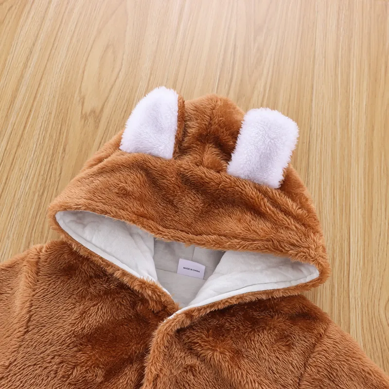Solid Hooded 3D Bear Design Long-sleeve Baby Jumpsuit Coffee big image 1