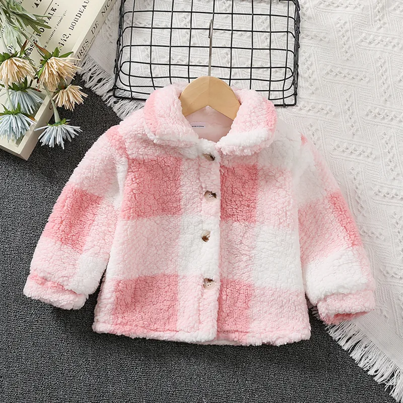 Toddler Girl Sweet Plaid Lapel Collar Fleece Jacket Pink big image 1