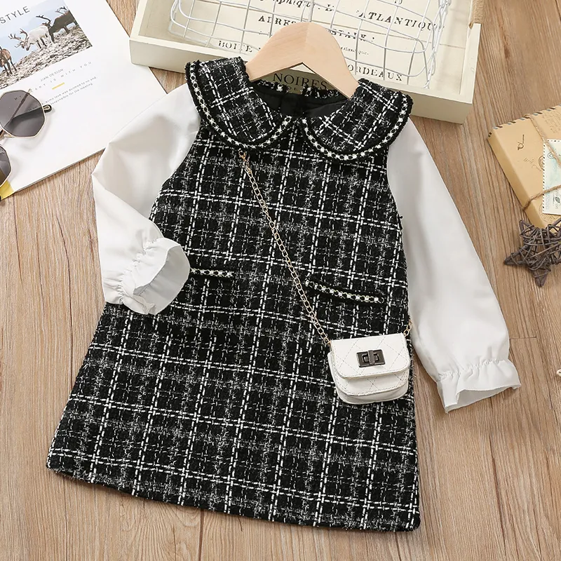 Toddler Girl Elegant Tweed Doll Collar Plaid Splice Long-sleeve Dress