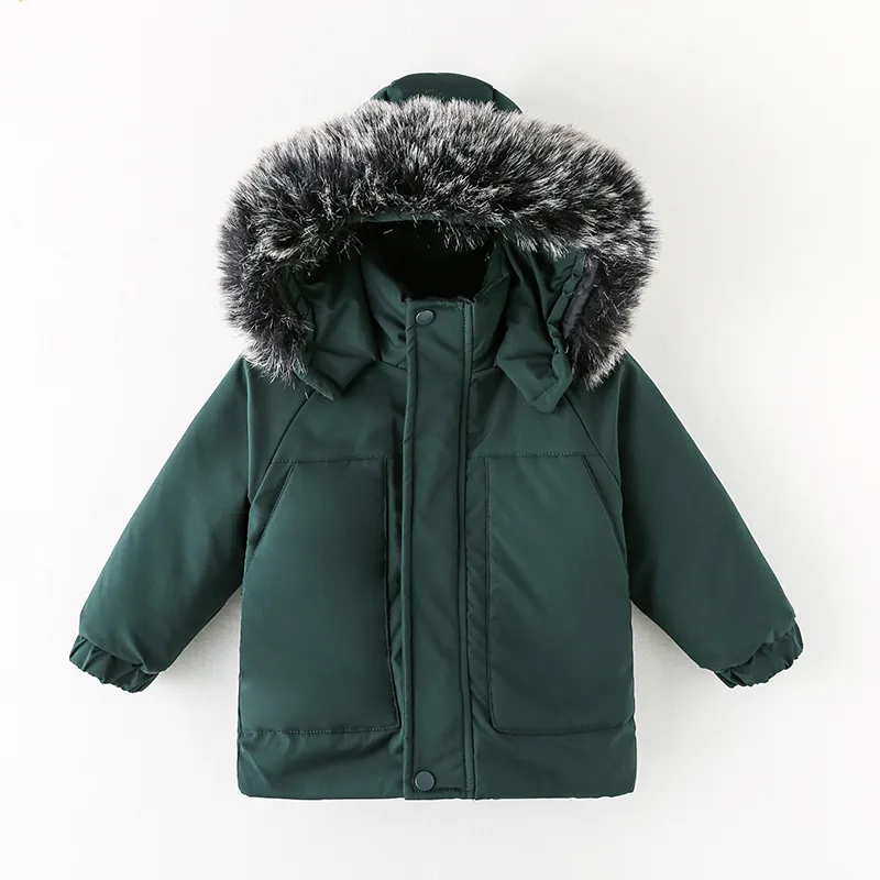 Toddler Boy/Girl Trendy Faux Fur Hooded Zipper Parka Coat Dark Green big image 1