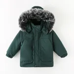 Abrigo parka con cremallera y capucha de piel sintética de moda para niños pequeños y niñas Verde oscuro