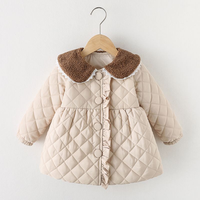 

Toddler Girl Fleece Doll Collar Ruffled Button Design Coat