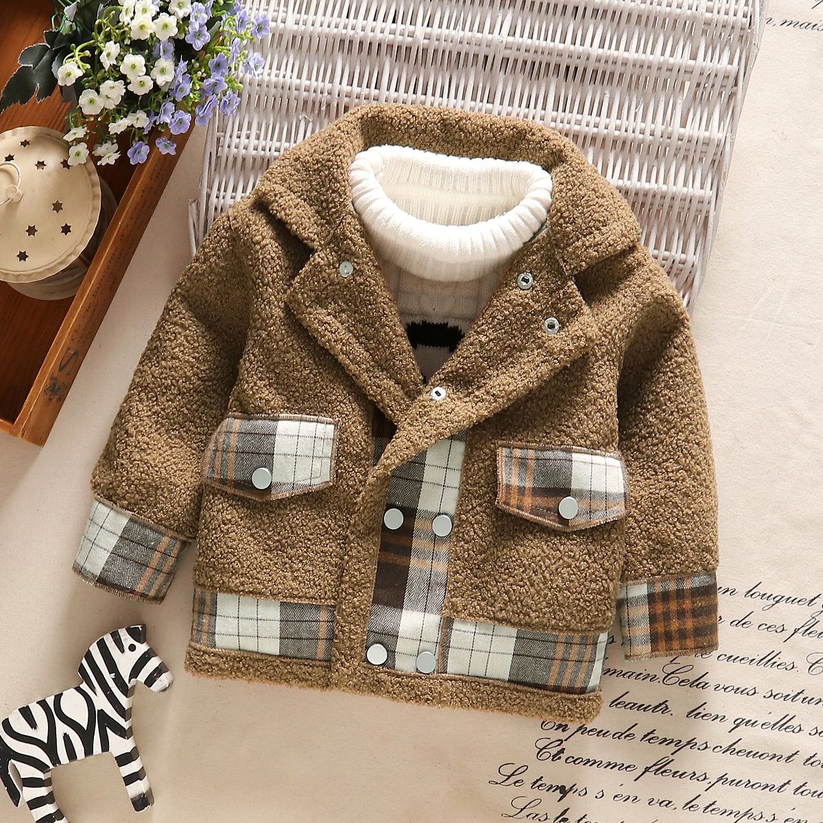 

Toddler Boy Preppy style Plaid Splice Lapel Collar Fleece Coat