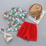 3pcs Toddler Boy Boho Straw Hat & Floral Print Shirt and Shorts Set  image 2