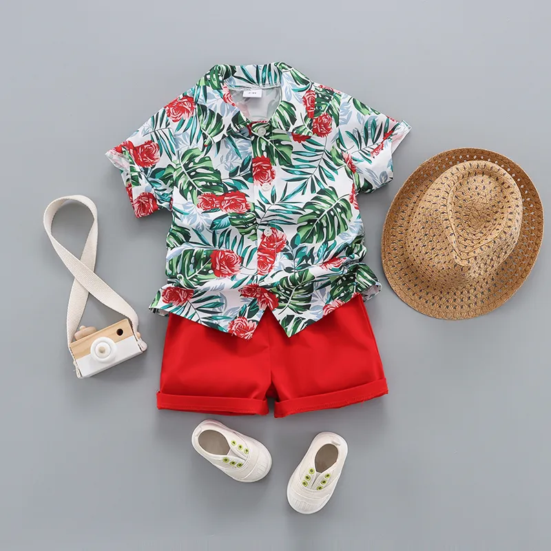 3pcs Toddler Boy Boho Straw Hat & Floral Print Shirt and Shorts Set  big image 1