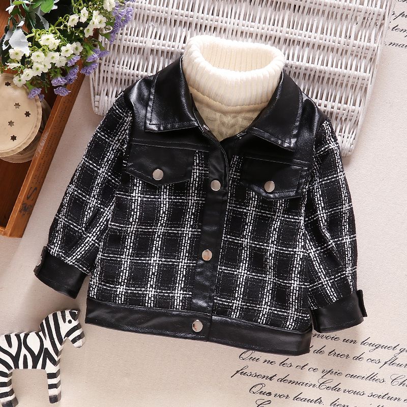 

Toddler Boy/Girl Trendy PU Tweed Plaid Splice Jacket