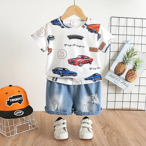 2pcs Toddler Boy Car Print Short-sleeve Tee and Ripped Denim Shorts Set