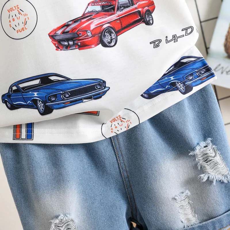 2pcs Toddler Boy Car Print Short-sleeve Tee and Ripped Denim Shorts Set White big image 1