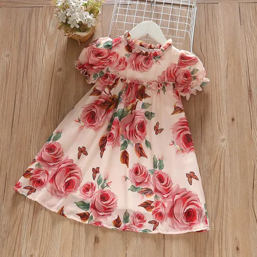 Toddler Girl Allover Big Floral Print Puff Sleeve Dress 