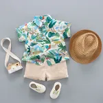 3pcs Toddler Boy Vacation Straw Hat and Animal Floral Print & Shorts Set Green