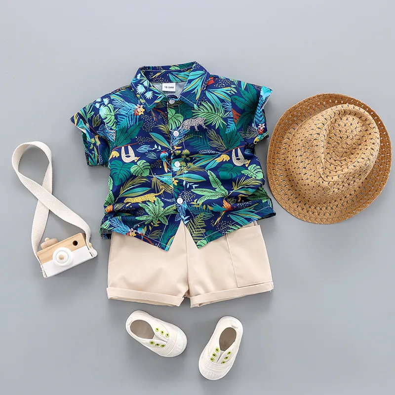 3pcs Toddler Boy Vacay Straw Hat And Animal Floral Print Shirt& Shorts Set/ Shoes