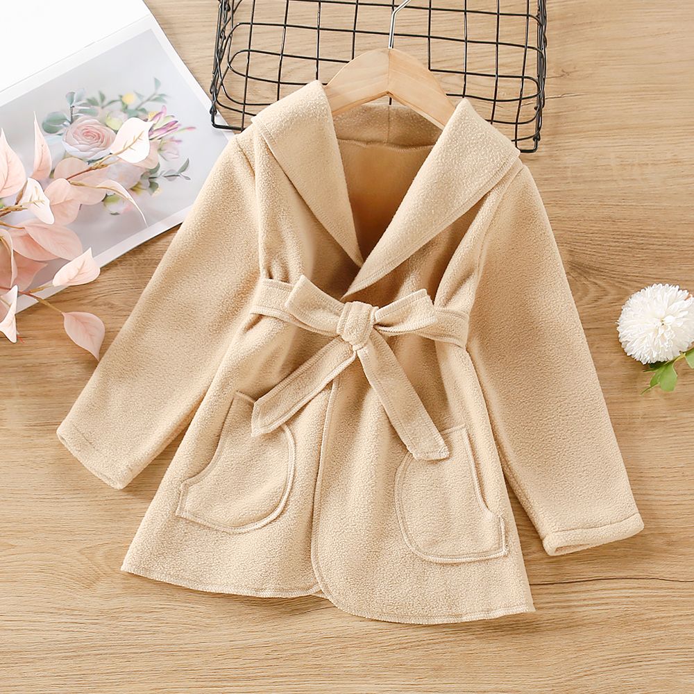 

Toddler Girl Shawl Collar Belted Pocket Front Fuzzy Khaki Coat