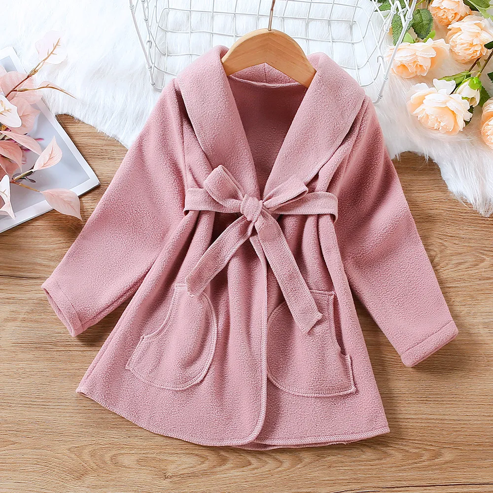 Toddler Girl Elegant Solid Color Lapel Collar Belted BlendCoat Pink