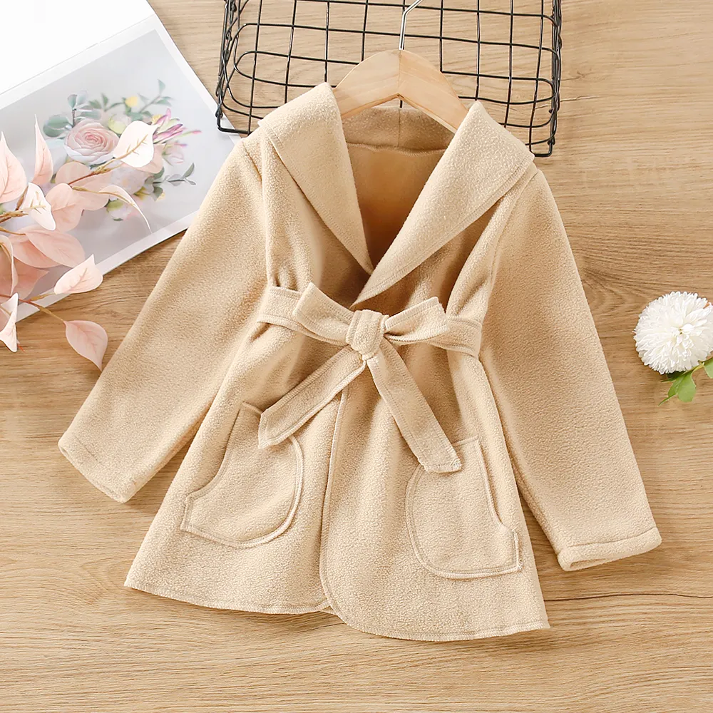 Toddler Girl Elegant Solid Color Lapel Collar Belted BlendCoat Khaki