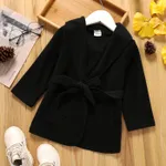Toddler Girl Elegant Solid Color Lapel Collar Belted BlendCoat Black