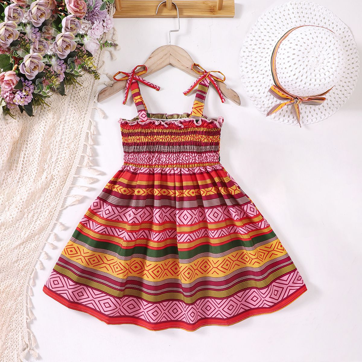 

2pcs Toddler Girl Boho Smocked Slip Dress & Headband Set