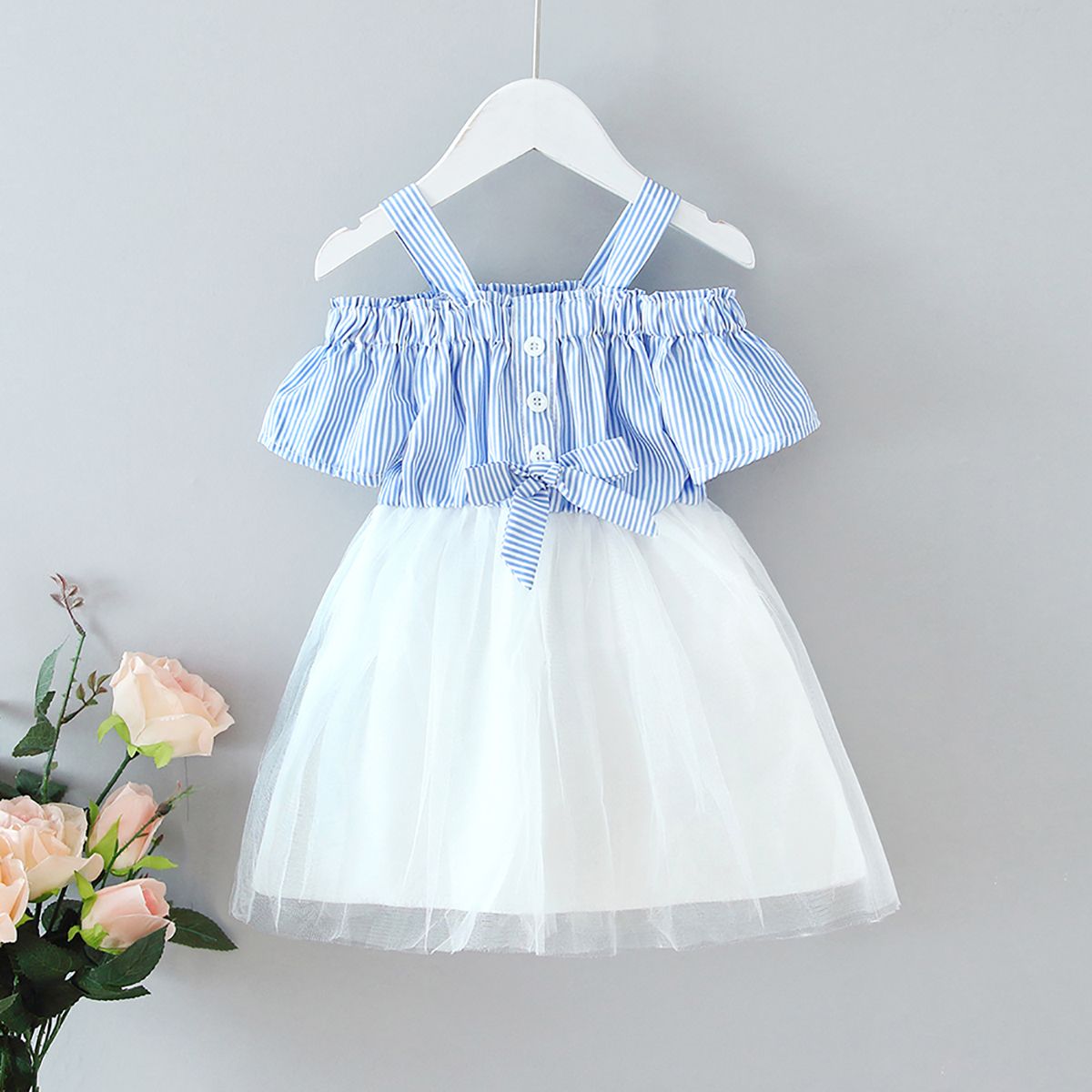 

Toddler Girl Elegant Stripe Panel Bow Front Overlay Slip Dress