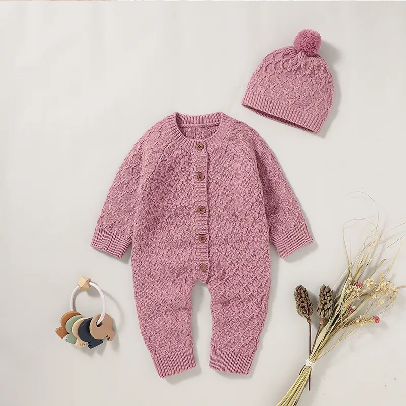 2pcs Solid Knitted Long-sleeve Baby Set Pink big image 1