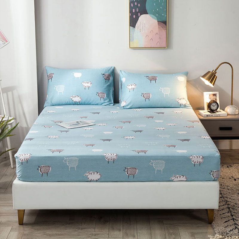 

100% Cotton Cartoon Sheep Print Blue Bed Fitted Sheet Deep Pocket Mattress Cover Breathable (No Pillow Shams)