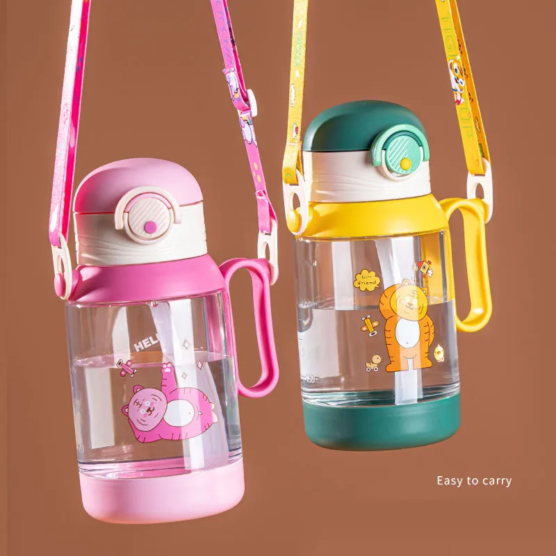 500ML/16.91OZ Cute Cartoon Pattern Kids Straw Water Bottle Plastic Portable and Detachable Straws Water Bottle with Lanyard  big image 2