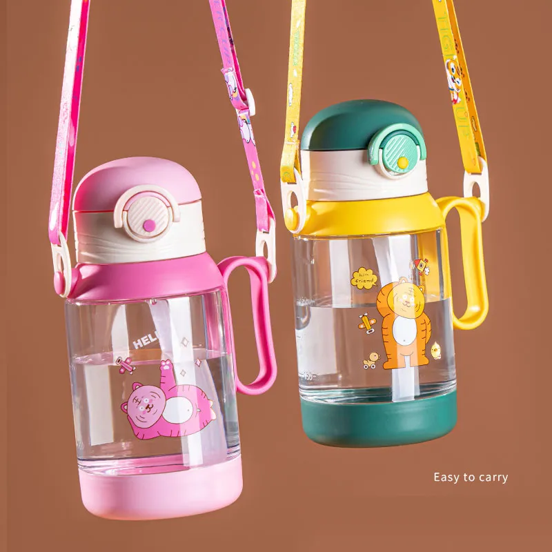 500ML/16.91OZ Cute Cartoon Pattern Kids Straw Water Bottle Plastic Portable and Detachable Straws Water Bottle with Lanyard big image 2
