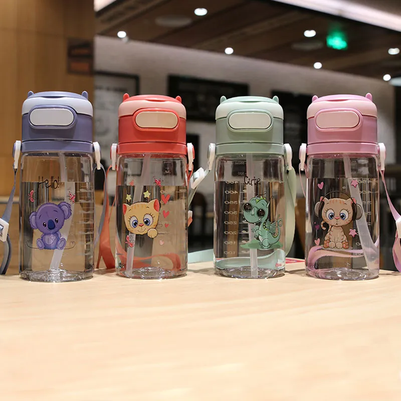 550ML/18.6OZ Cute Cartoon Pattern Kids Straw Water Bottle Plastic Portable Silicone Straight Drinking Straws Cup with Scale and Personalized Handle Red big image 1