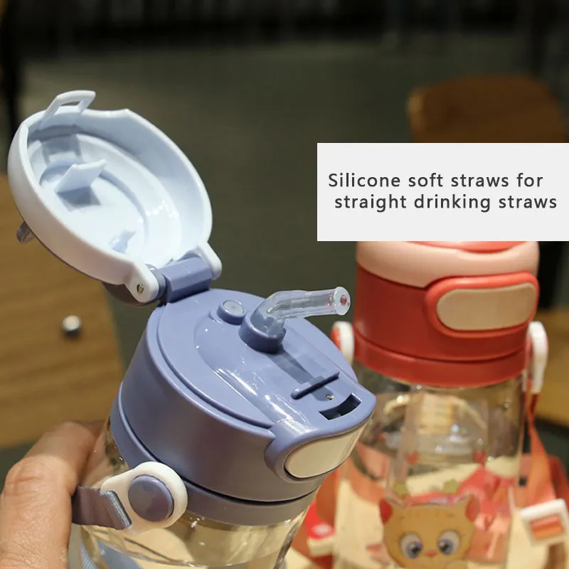 550ML/18.6OZ Cute Cartoon Pattern Kids Straw Water Bottle Plastic Portable Silicone Straight Drinking Straws Cup with Scale and Personalized Handle  image 4
