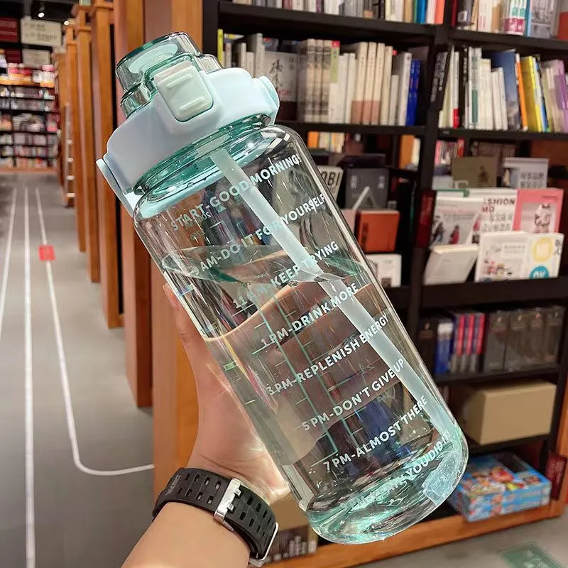 2000ML Motivational Sports Water Bottle with Time Marker Large Capacity Straw Water Cup for Fitness and Outdoor Enthusiasts Green big image 1