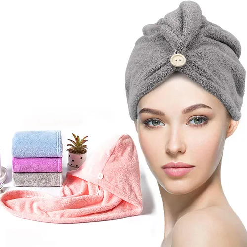 Hair Towel Wrap, Hair Drying Towel with Button, Polyester Hair Towel, Dry Hair Hat, Bath Hair Cap 