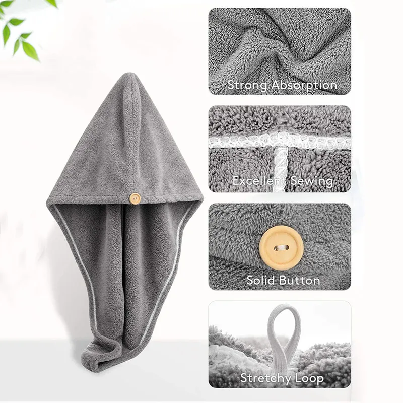 Hair Towel Wrap, Hair Drying Towel with Button, Polyester Hair Towel, Dry Hair Hat, Bath Hair Cap  Grey image 4