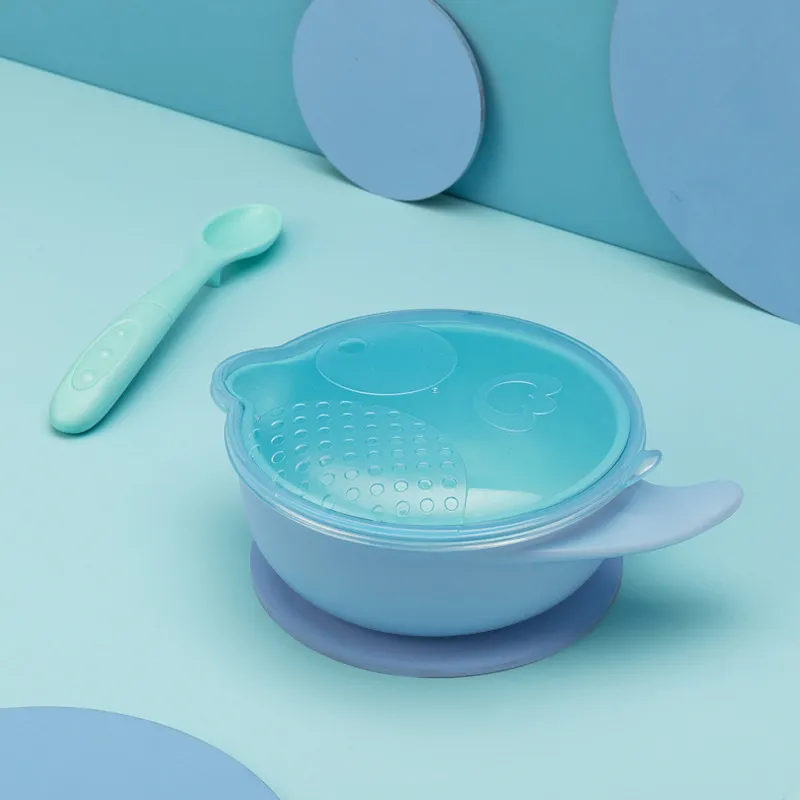 Mash and Serve Bowl for Babies Toddlers Portable Detachable Dinnerware with Spoon & Lid Light Blue
