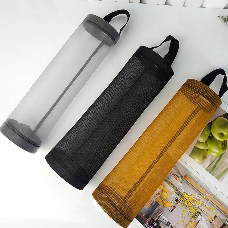 Mesh Garbage Bag Plastic Bag Holder Dispensers Folding Hanging Trash Storage Bag with Hook Light Grey big image 1