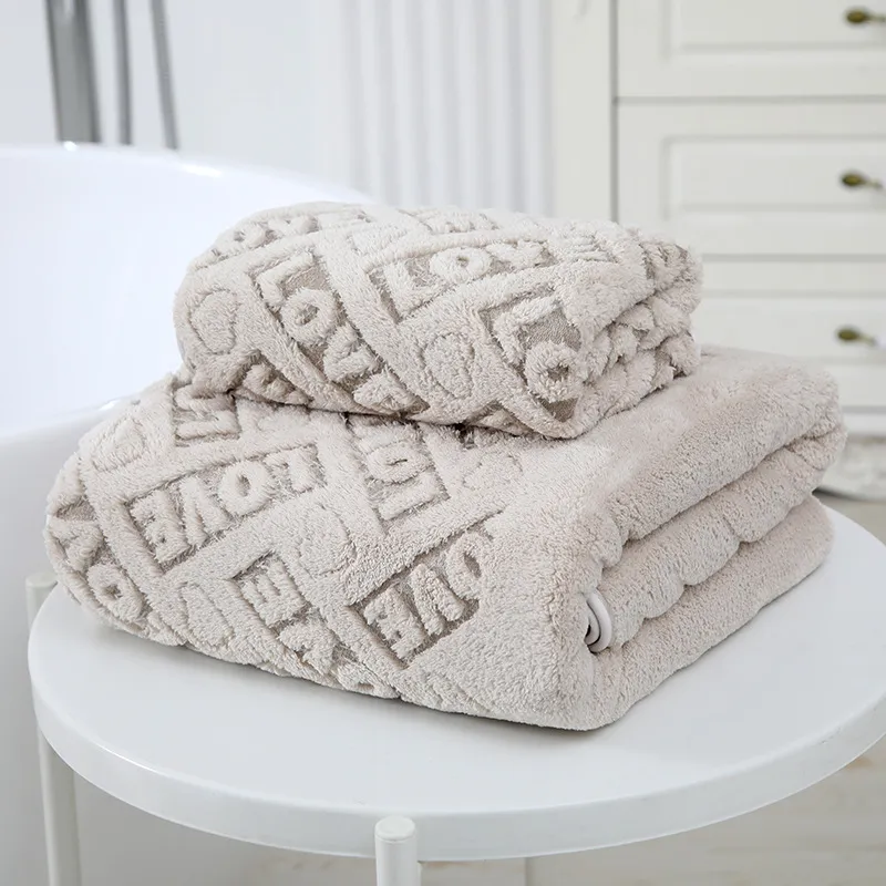 Thick Coral Fleece Bath Towels Letter Hollow Out Soft Absorbent Towels Bath Blankets Grey