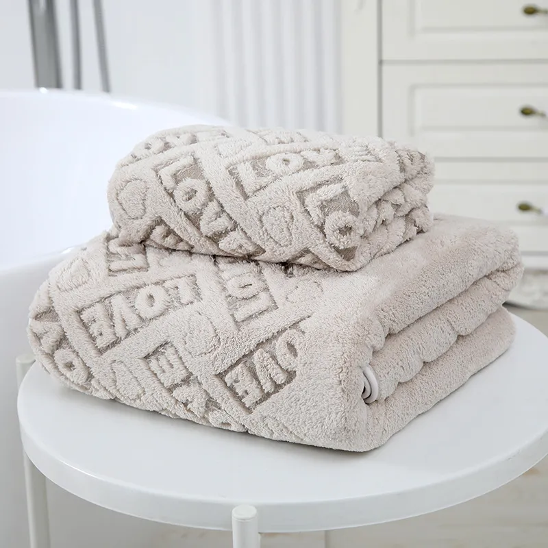 Thick Coral Fleece Bath Towels Letter Hollow Out Soft Absorbent Towels Bath Blankets Grey big image 1