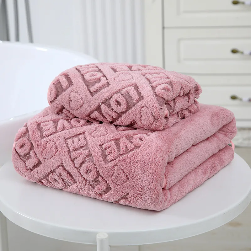 Thick Coral Fleece Bath Towels Letter Hollow Out Soft Absorbent Towels Bath Blankets Hot Pink