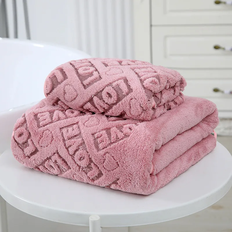Thick Coral Fleece Bath Towels Letter Hollow Out Soft Absorbent Towels Bath Blankets Hot Pink big image 1