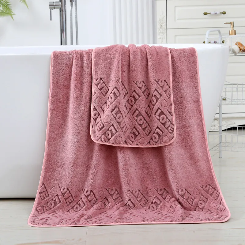Thick Coral Fleece Bath Towels Letter Hollow Out Soft Absorbent Towels Bath Blankets Hot Pink big image 1