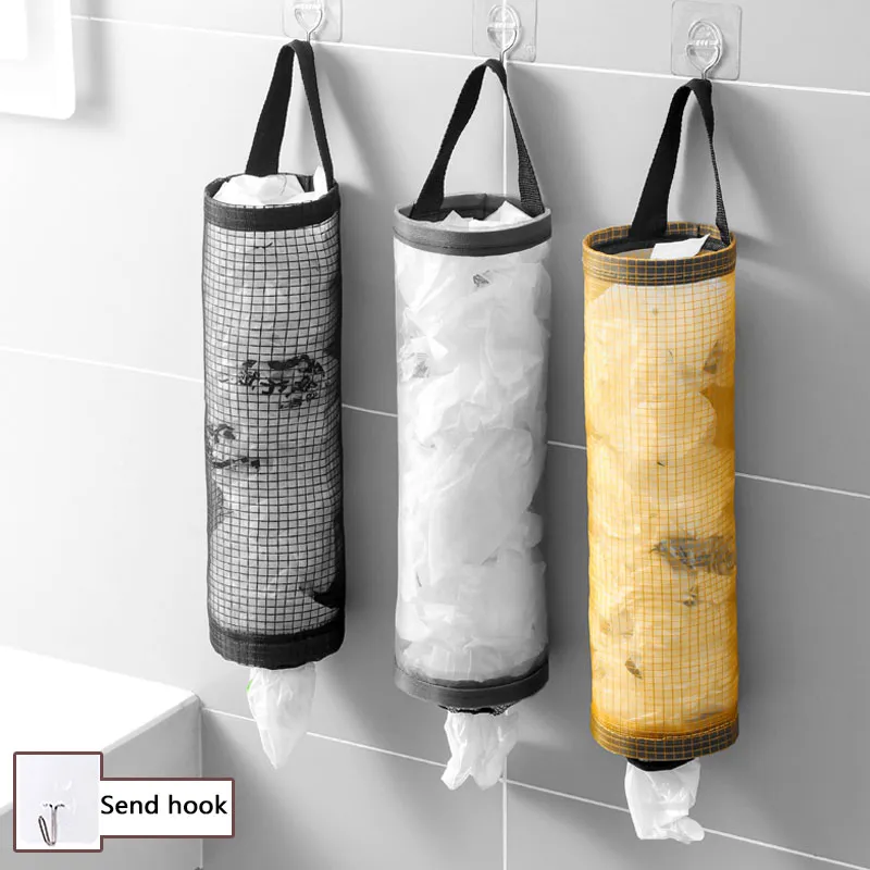 Mesh Garbage Bag Plastic Bag Holder Dispensers Folding Hanging Trash Storage Bag with Hook