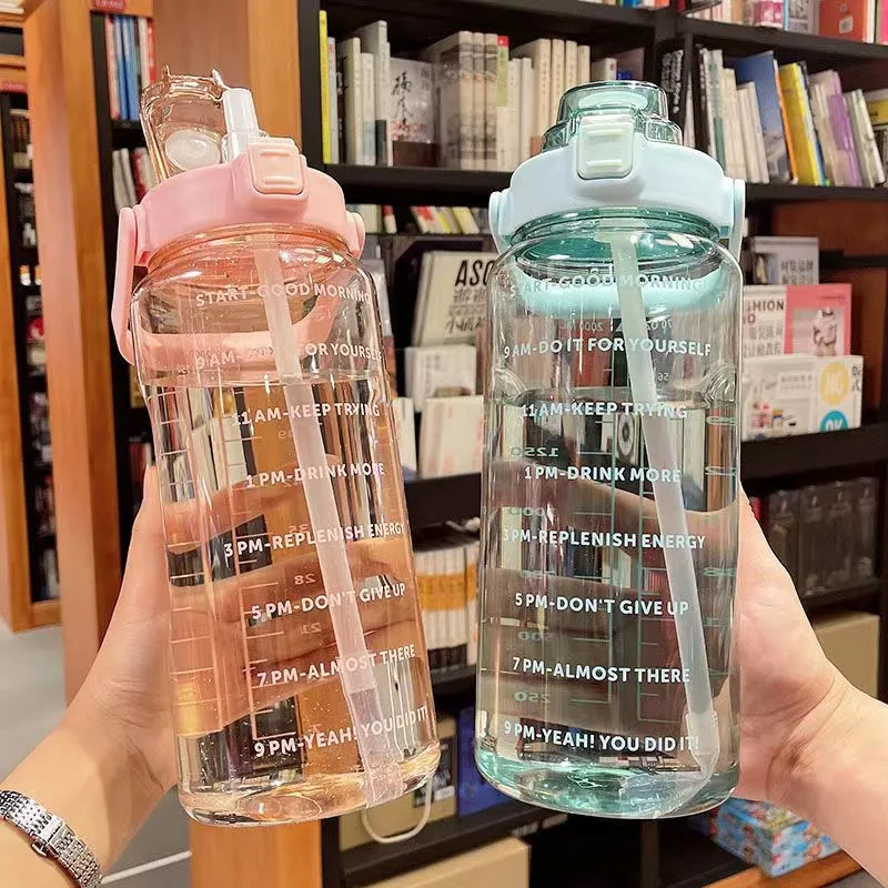 2000ML Motivational Sports Water Bottle with Time Marker Large Capacity Straw Water Cup for Fitness and Outdoor Enthusiasts