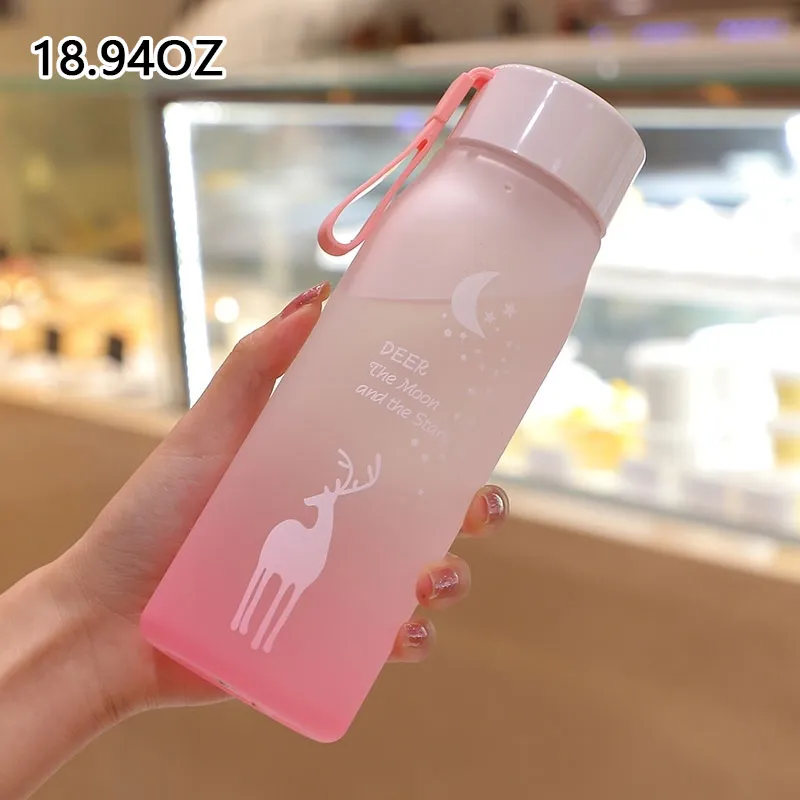 Fantasy elk gradient color frosted space cup with rope outdoor portable water cup cute plastic water bottle with drop resistance (The printing pattern is random) Light Pink big image 1