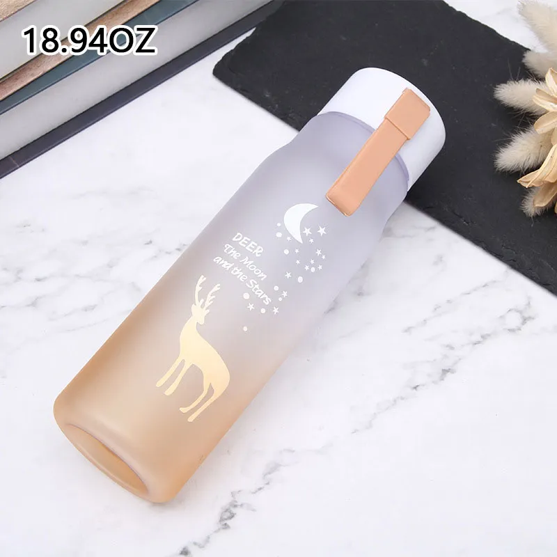 Fantasy elk gradient color frosted space cup with rope outdoor portable water cup cute plastic water bottle with drop resistance (The printing pattern is random) Yellow big image 1