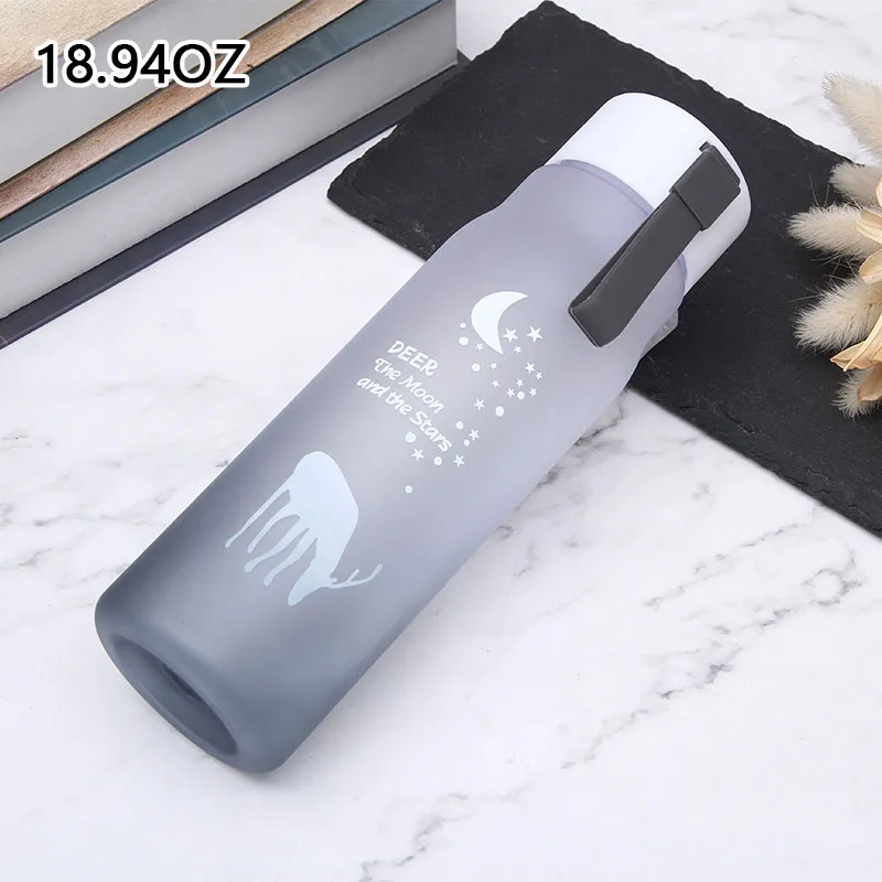 Fantasy elk gradient color frosted space cup with rope outdoor portable water cup cute plastic water bottle with drop resistance (The printing pattern is random) Black