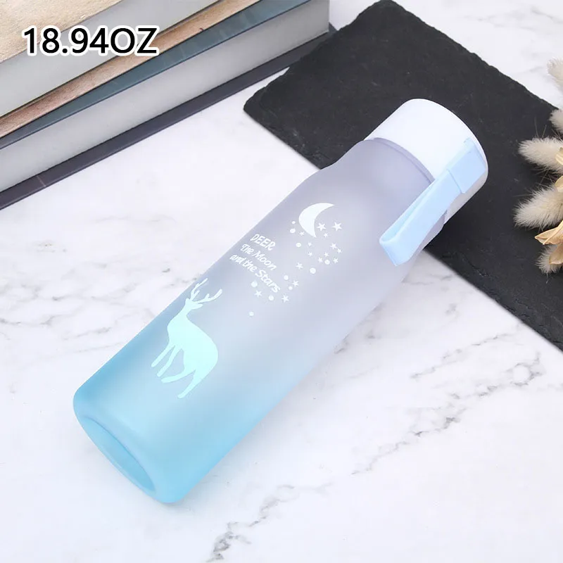 Fantasy elk gradient color frosted space cup with rope outdoor portable water cup cute plastic water bottle with drop resistance (The printing pattern is random) Blue