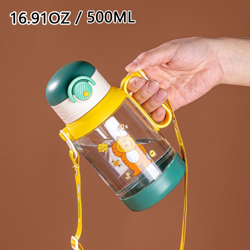 500ML/16.91OZ Cute Cartoon Pattern Kids Straw Water Bottle Plastic Portable And Detachable Straws Water Bottle With Lanyard
