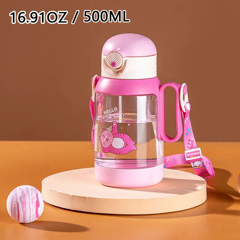 500ML/16.91OZ Cute Cartoon Pattern Kids Straw Water Bottle Plastic Portable and Detachable Straws Water Bottle with Lanyard big image 6